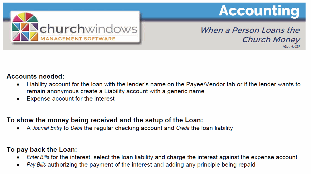 Accounting: When a Person Loans Money to the Church (v19 & Newer)