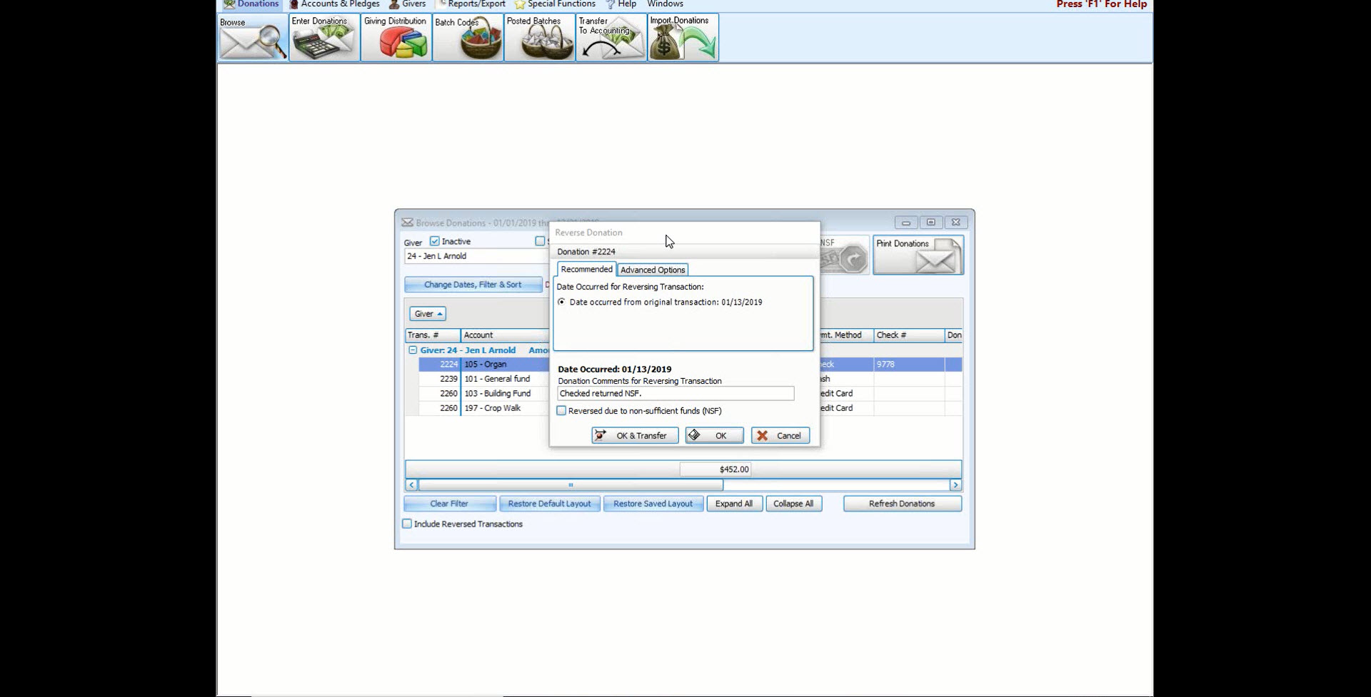 Donations & Accounting: How to Handle a NSF Donation (v22 & Newer)