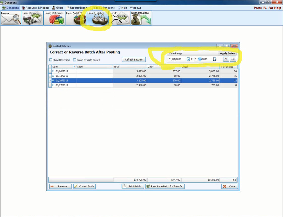 Donations: Posted Batches (v22 & Newer)