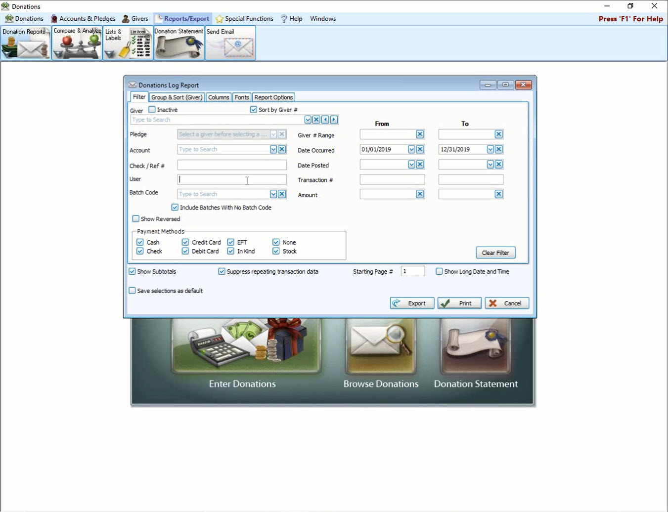 Donations: Report Selections (v24 & Newer)