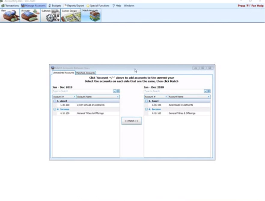 Accounting: Match Accounts & Updating Beginning Balances (v22 & Newer)