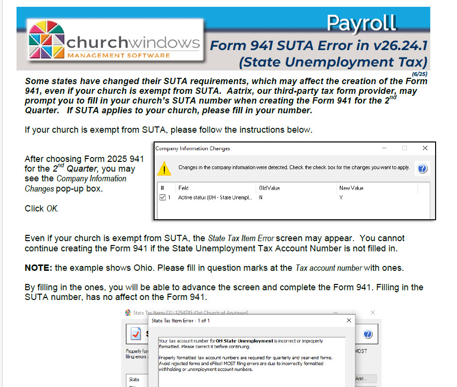 Payroll: Form 941 SUTA Error in v26.24.1