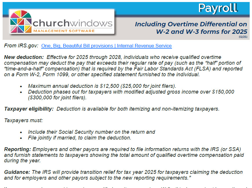 Payroll: Including Overtime Differential on W-2 and W-3 Forms for 2025 (v26 & Newer)
